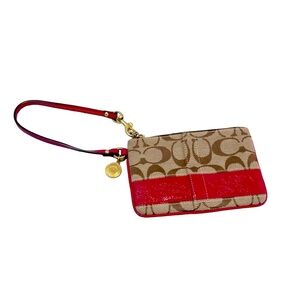 Vintage Coach Monogram Wristlet Wallet with Pink Patent‎ Leather Stripe